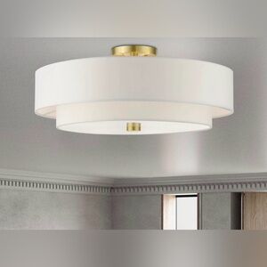 White and Gold Ceiling Light Fixture; Flaire Linen Blend Semi Flush Mount Lights
